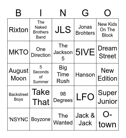 Boy Band Bingo Card