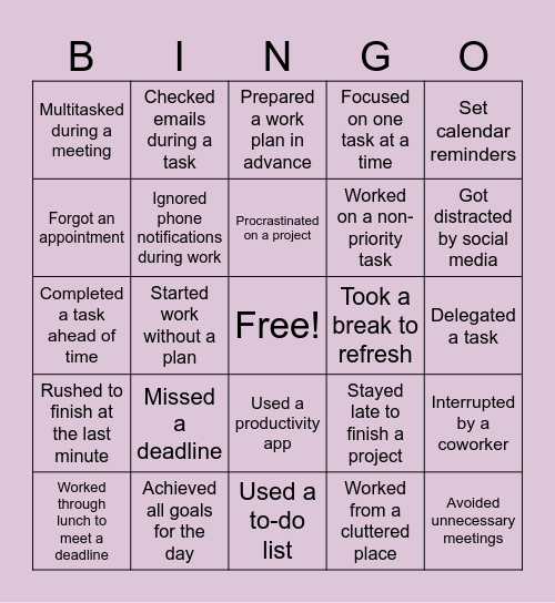 Time Management & Productivity Bingo Card