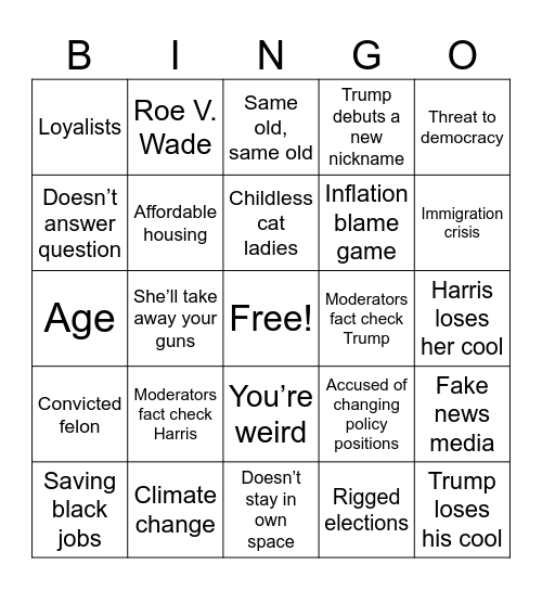 Harris-Trump Debate 9-10-24 Bingo Card