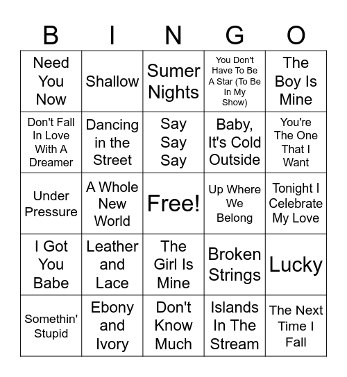 Duet Together Bingo Card