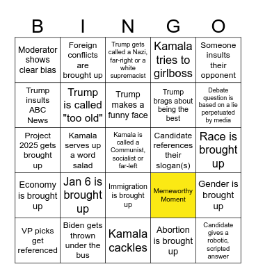 Presidential Election Bingo Card