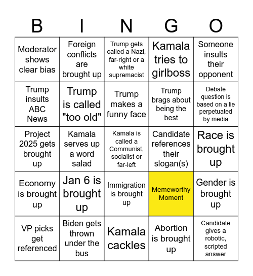 Presidential Election Bingo Card