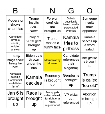 Presidential Election Bingo Card
