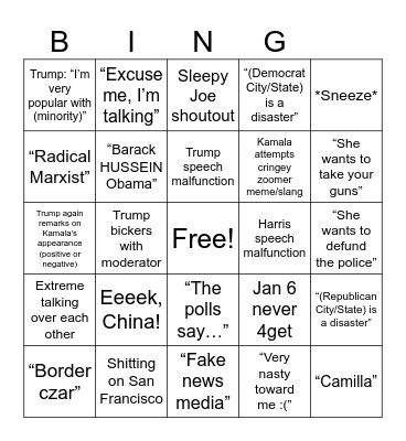 HARRIS v TRUMP DEBATE Bingo Card