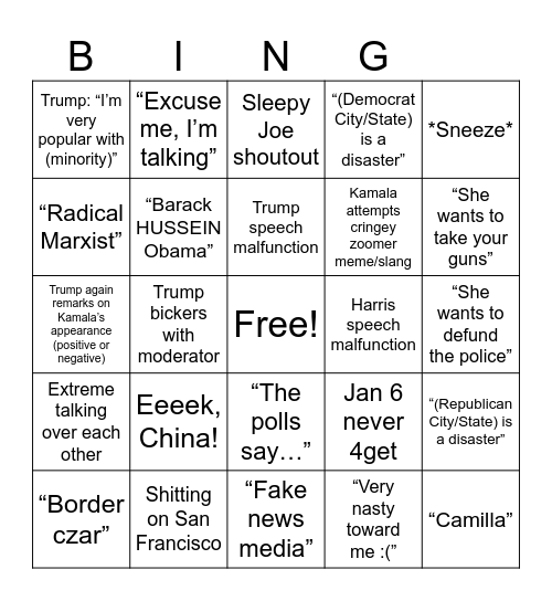 HARRIS v TRUMP DEBATE Bingo Card