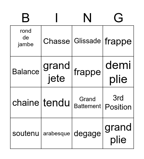 ballet terms Bingo Card