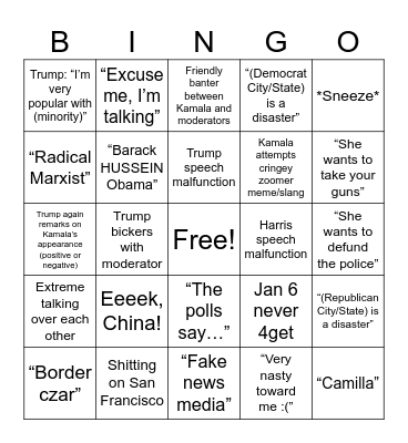 HARRIS v TRUMP DEBATE Bingo Card