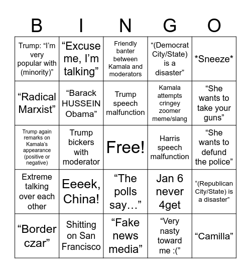HARRIS v TRUMP DEBATE Bingo Card