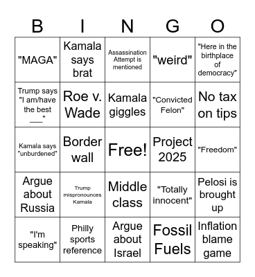 Mac's Presidential Debate Bingo Card