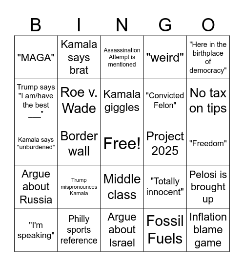 Mac's Presidential Debate Bingo Card