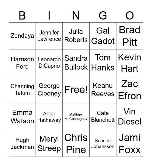 Movie Stars Bingo Card