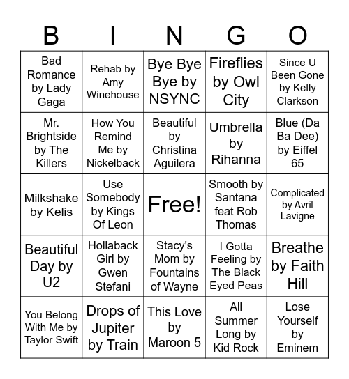 2000's Music Bingo? Bingo Card