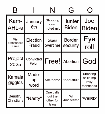 Presidential Debate Bingo Card