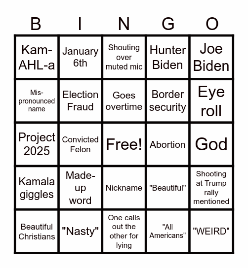 Presidential Debate Bingo Card