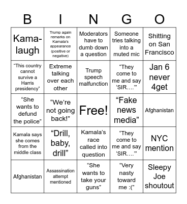 HARRIS V TRUMP DEBATE Bingo Card