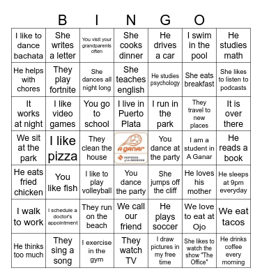 Pronouns & Simple Present Tense Bingo Card