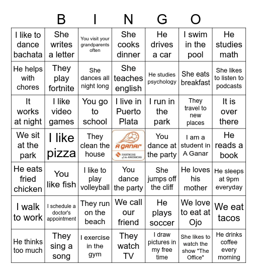 Pronouns & Simple Present Tense Bingo Card