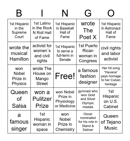 Notable Hispanic Americans Bingo Card