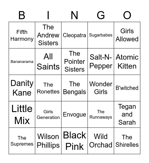 Girl Band Bingo Card