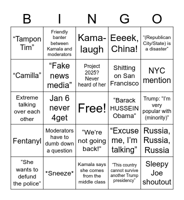 HARRIS v TRUMP DEBATE Bingo Card
