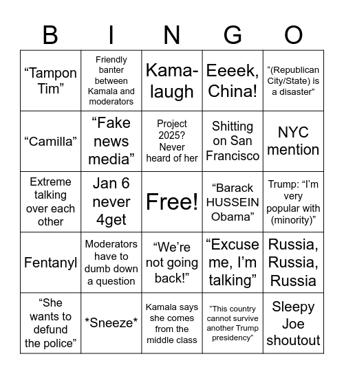 HARRIS v TRUMP DEBATE Bingo Card