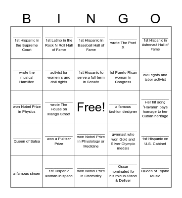 Notable Hispanic Americans Bingo Card