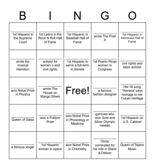 Notable Hispanic Americans Bingo Card