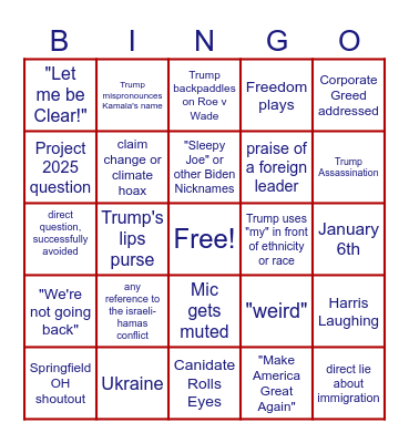 Presidental Debate Bingo Card
