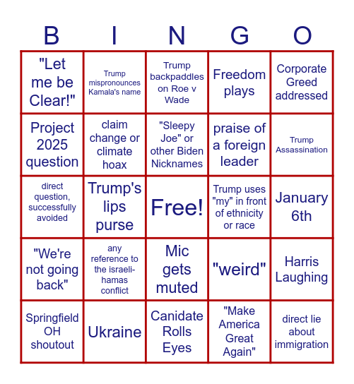 Presidental Debate Bingo Card