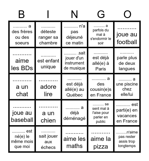 Bingo pour faire connaissance avec  ma classe Bingo Card