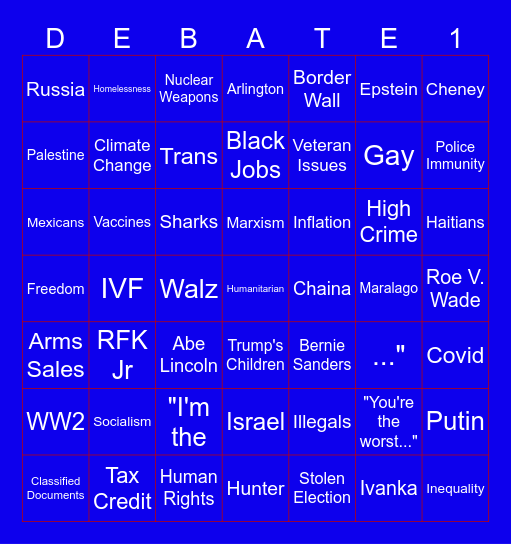 September 10th Presidential Debate Bingo Card