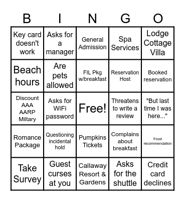 Reservations Host Bingo Card
