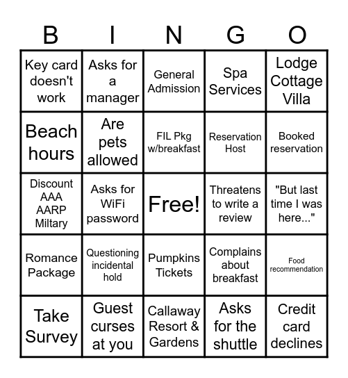 Reservations Host Bingo Card