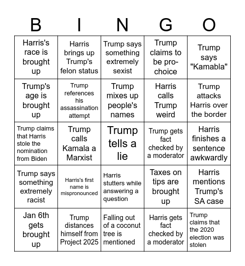 2024 Pres Debate Bingo Card