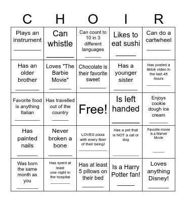 Get to know your choir peeps! Bingo Card