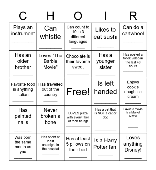 Get to know your choir peeps! Bingo Card