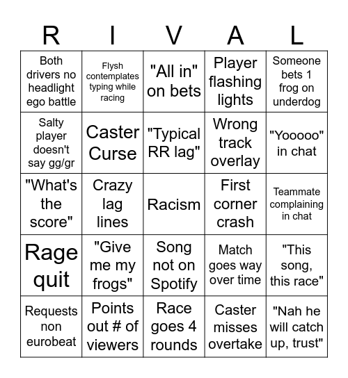 RR Race Day Bingo Card