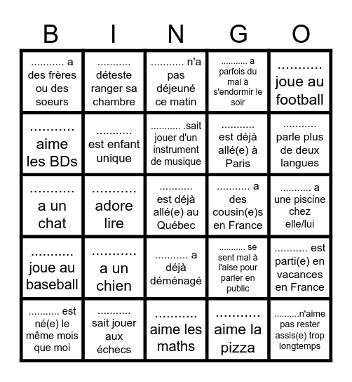 Bingo pour faire connaissance avec  ma classe Bingo Card