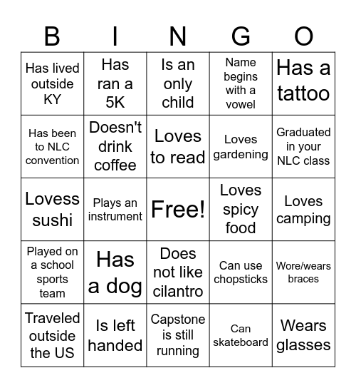 NLC Kentucky Bingo Card