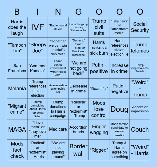 Harris v Trump debate 2024 Bingo Card