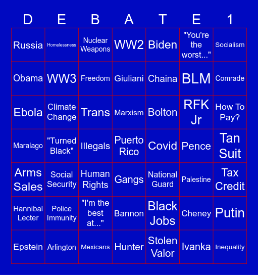September 10th Presidential Debate Bingo Card