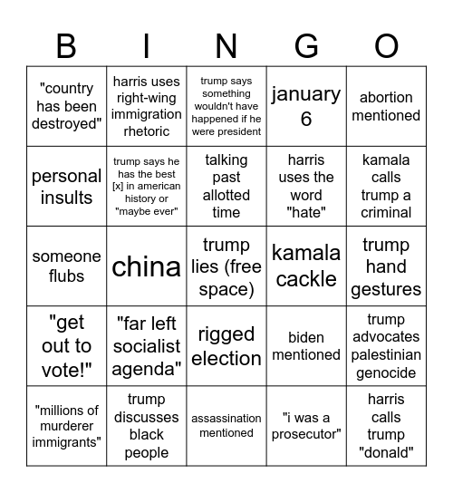 chris' 2024 presidential debate bingo Card