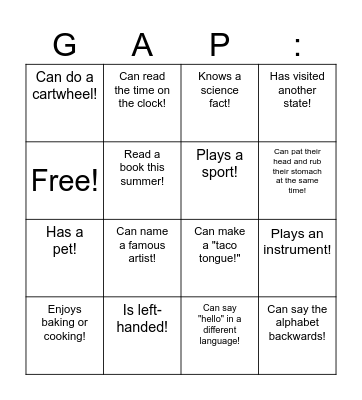 Find Someone at GAP Who . . . Bingo Card