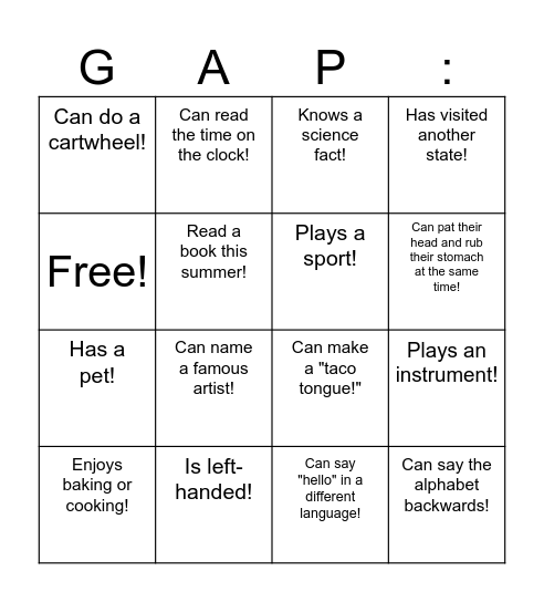 Find Someone at GAP Who . . . Bingo Card
