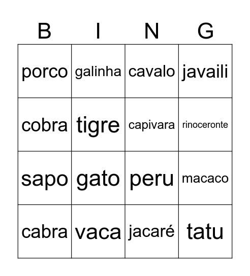 animal Bingo Card