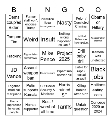 Harris Trump Debate Bingo Card