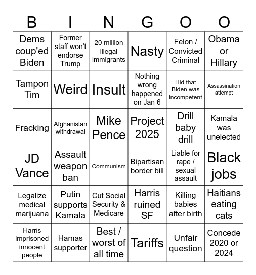 Harris Trump Debate Bingo Card