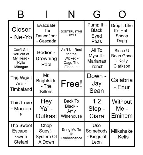 2000's Hits! Bingo Card