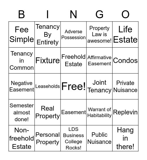 PROPERTY LAW BINGO Card