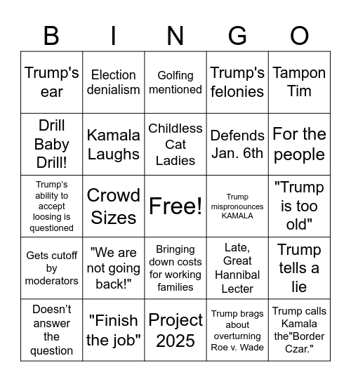 Debate Bingo Card